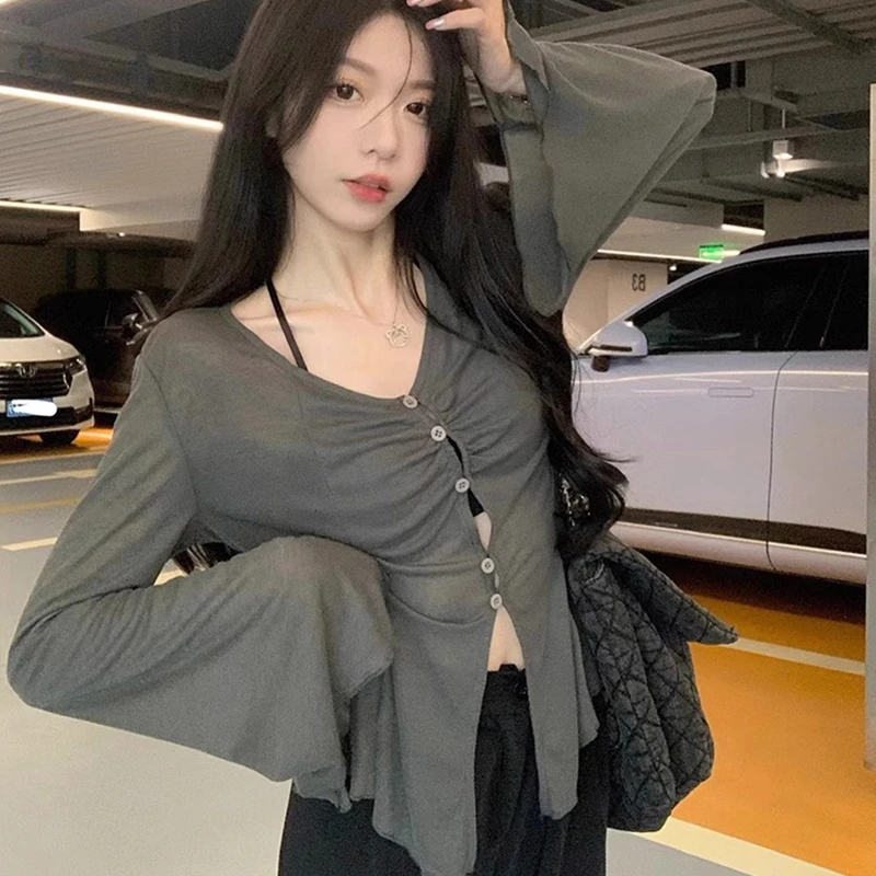 Summer New Thin Cardigan Women Sexy See Through Single-Breasted V-Neck Harajuku Korean Fashion Punk Vintage 2000s Bottoming Top