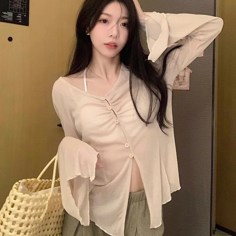 Summer New Thin Cardigan Women Sexy See Through Single-Breasted V-Neck Harajuku Korean Fashion Punk Vintage 2000s Bottoming Top