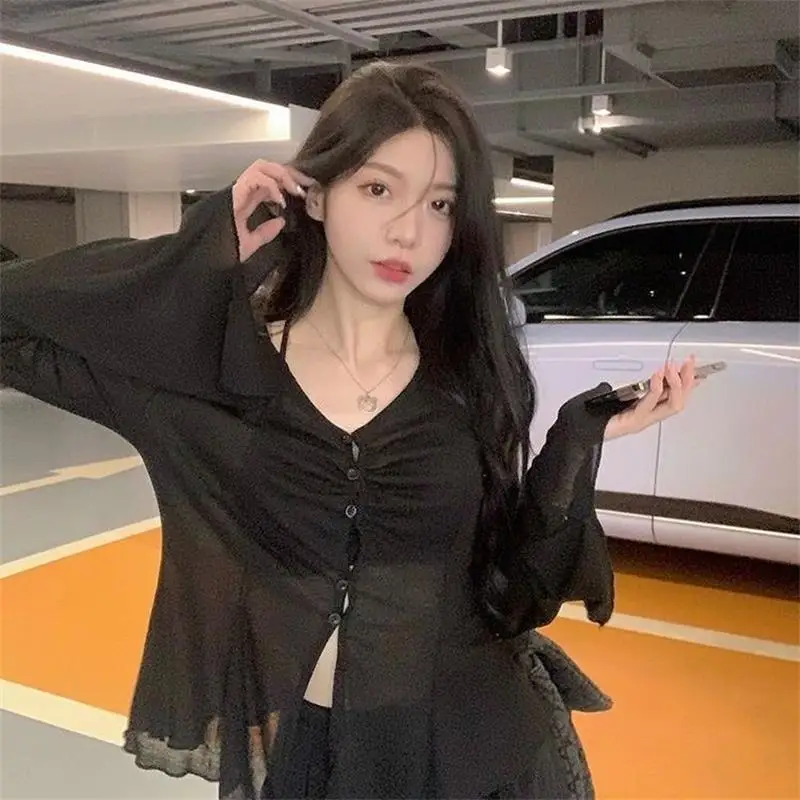 Summer New Thin Cardigan Women Sexy See Through Single-Breasted V-Neck Harajuku Korean Fashion Punk Vintage 2000s Bottoming Top