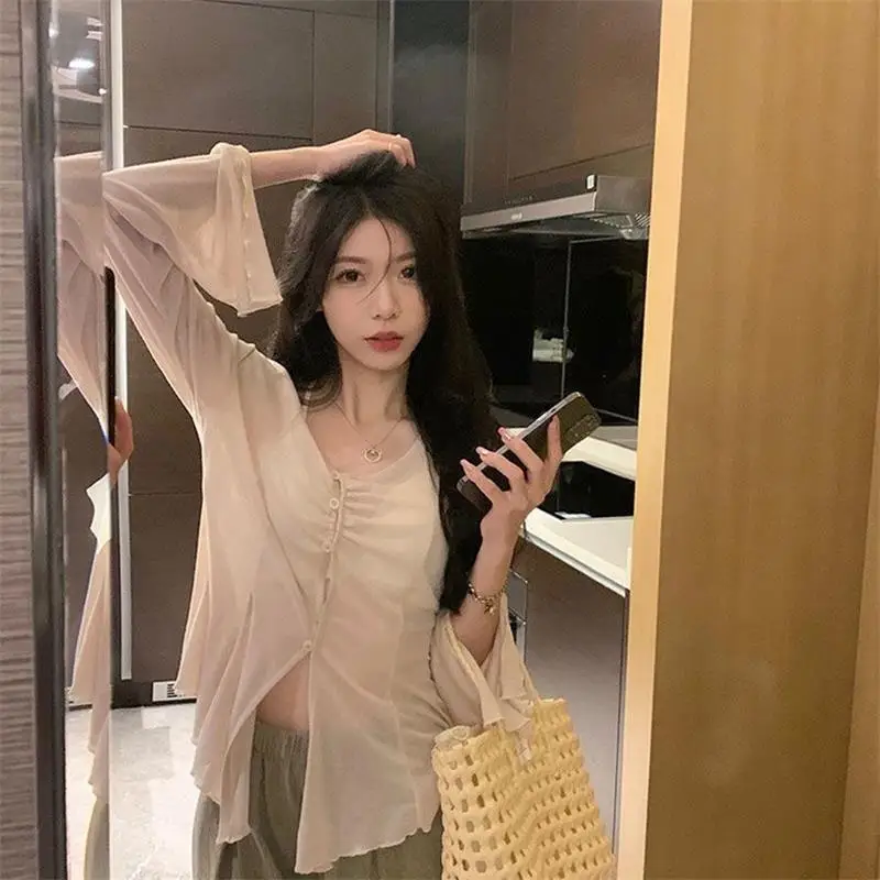 Summer New Thin Cardigan Women Sexy See Through Single-Breasted V-Neck Harajuku Korean Fashion Punk Vintage 2000s Bottoming Top