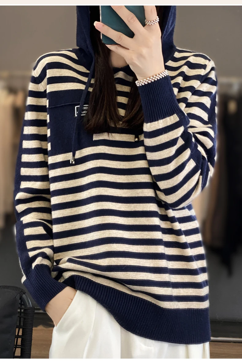 Winter Pure Wool Fashion Soft Sweater Autumn Female New Women Hooded Collar Strip Pullover Cashmere Loose Casual Knit Base Top