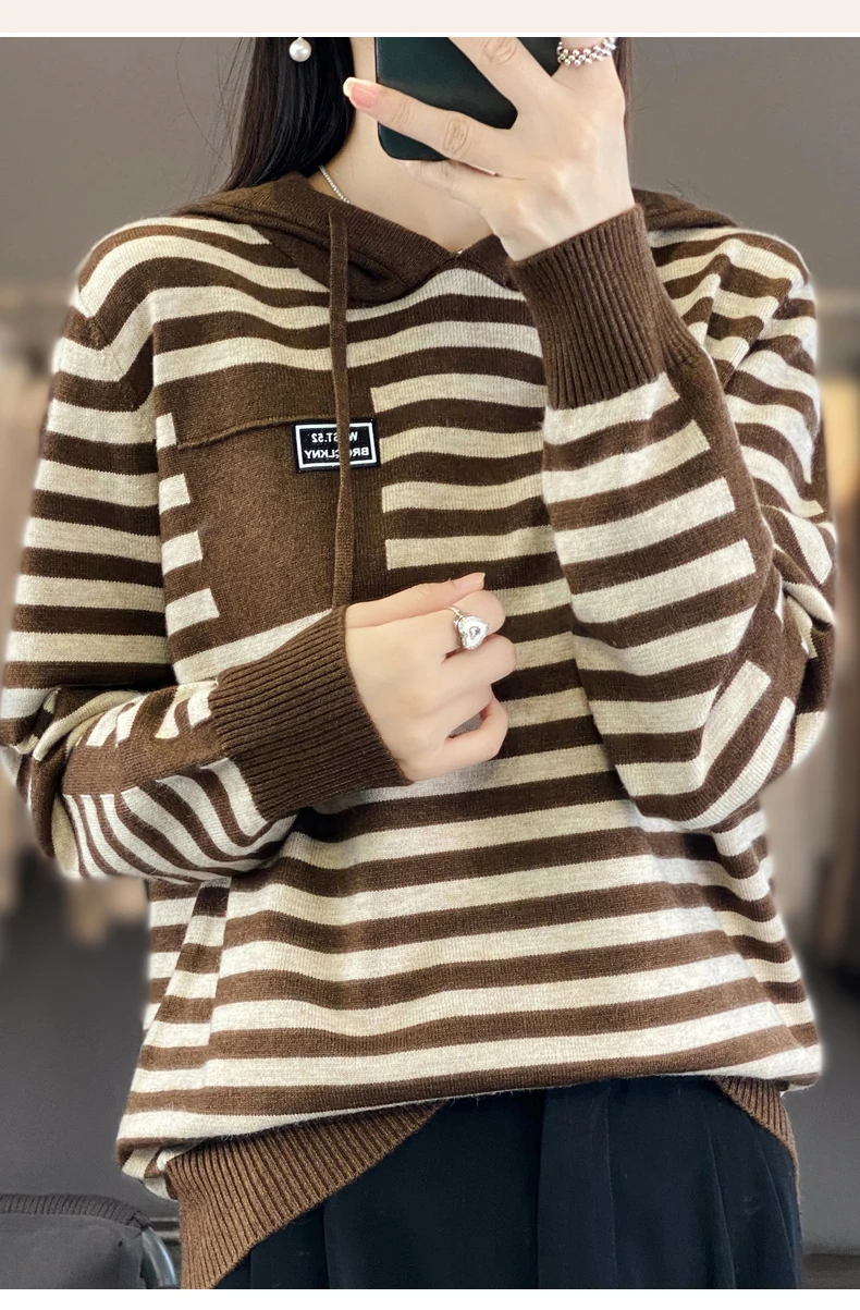 Winter Pure Wool Fashion Soft Sweater Autumn Female New Women Hooded Collar Strip Pullover Cashmere Loose Casual Knit Base Top
