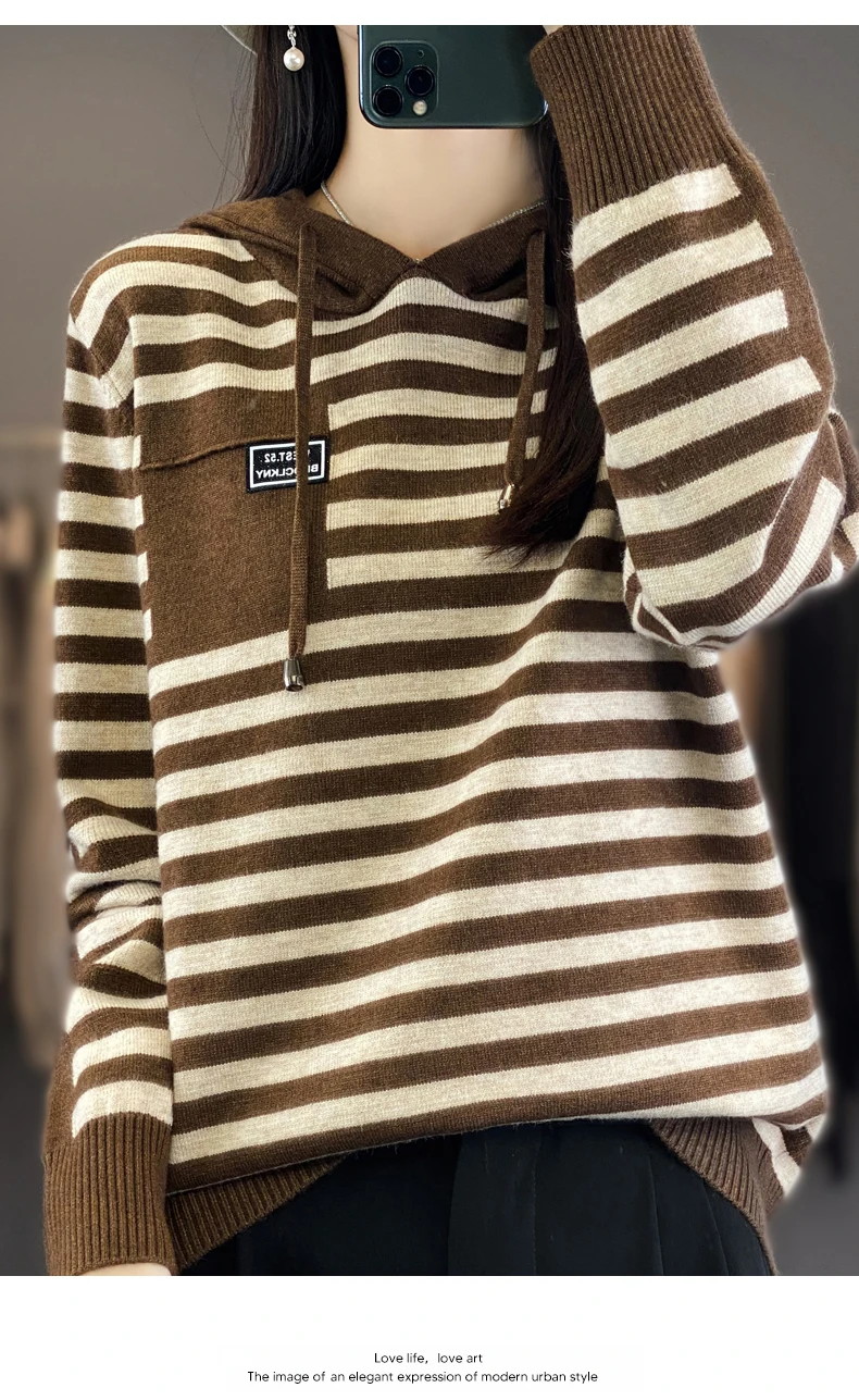 Winter Pure Wool Fashion Soft Sweater Autumn Female New Women Hooded Collar Strip Pullover Cashmere Loose Casual Knit Base Top