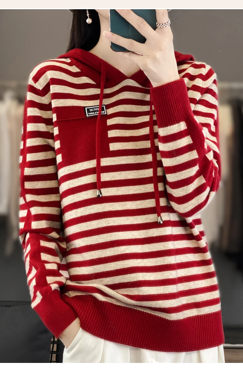 Winter Pure Wool Fashion Soft Sweater Autumn Female New Women Hooded Collar Strip Pullover Cashmere Loose Casual Knit Base Top