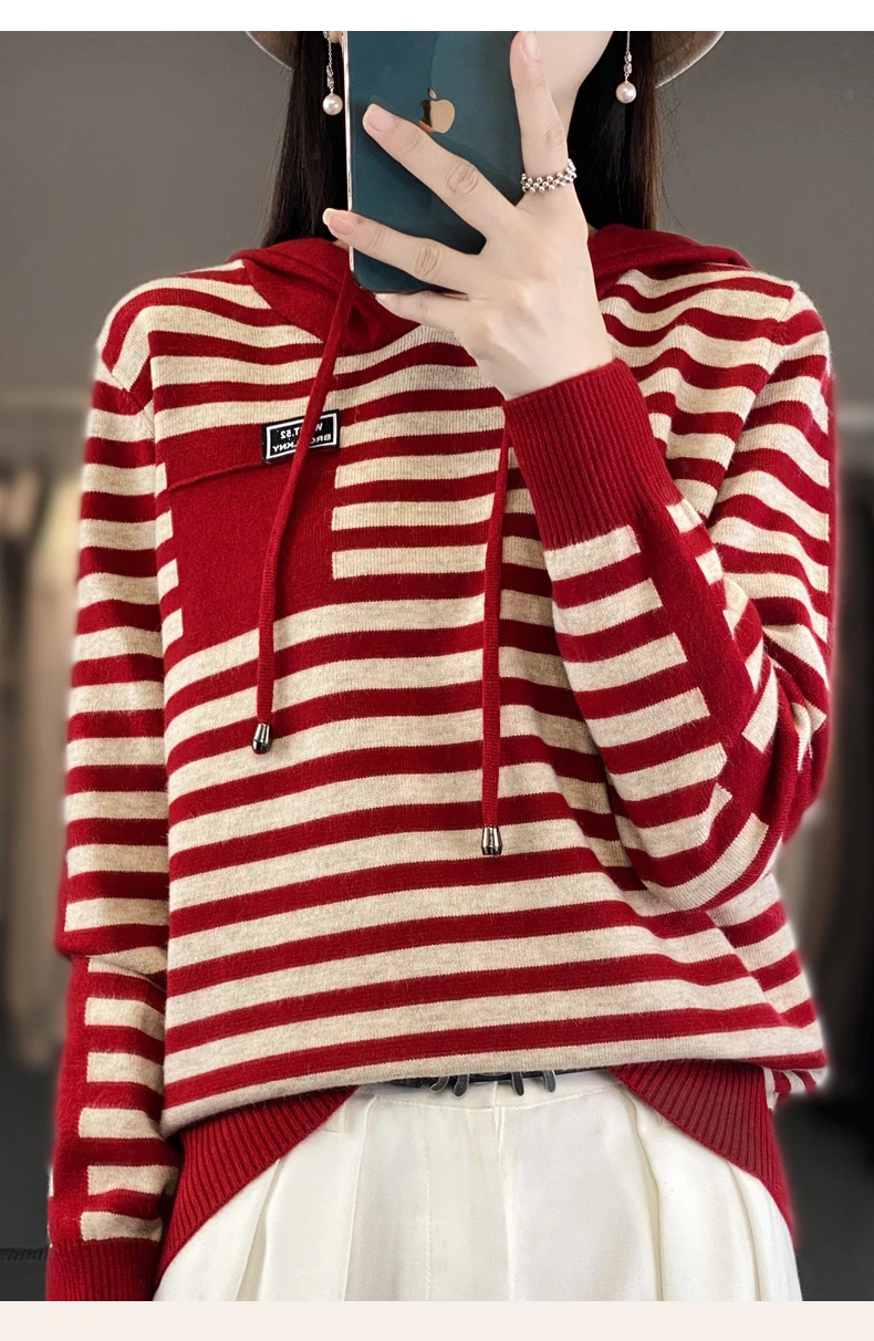Winter Pure Wool Fashion Soft Sweater Autumn Female New Women Hooded Collar Strip Pullover Cashmere Loose Casual Knit Base Top