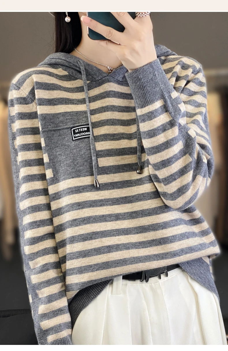 Winter Pure Wool Fashion Soft Sweater Autumn Female New Women Hooded Collar Strip Pullover Cashmere Loose Casual Knit Base Top