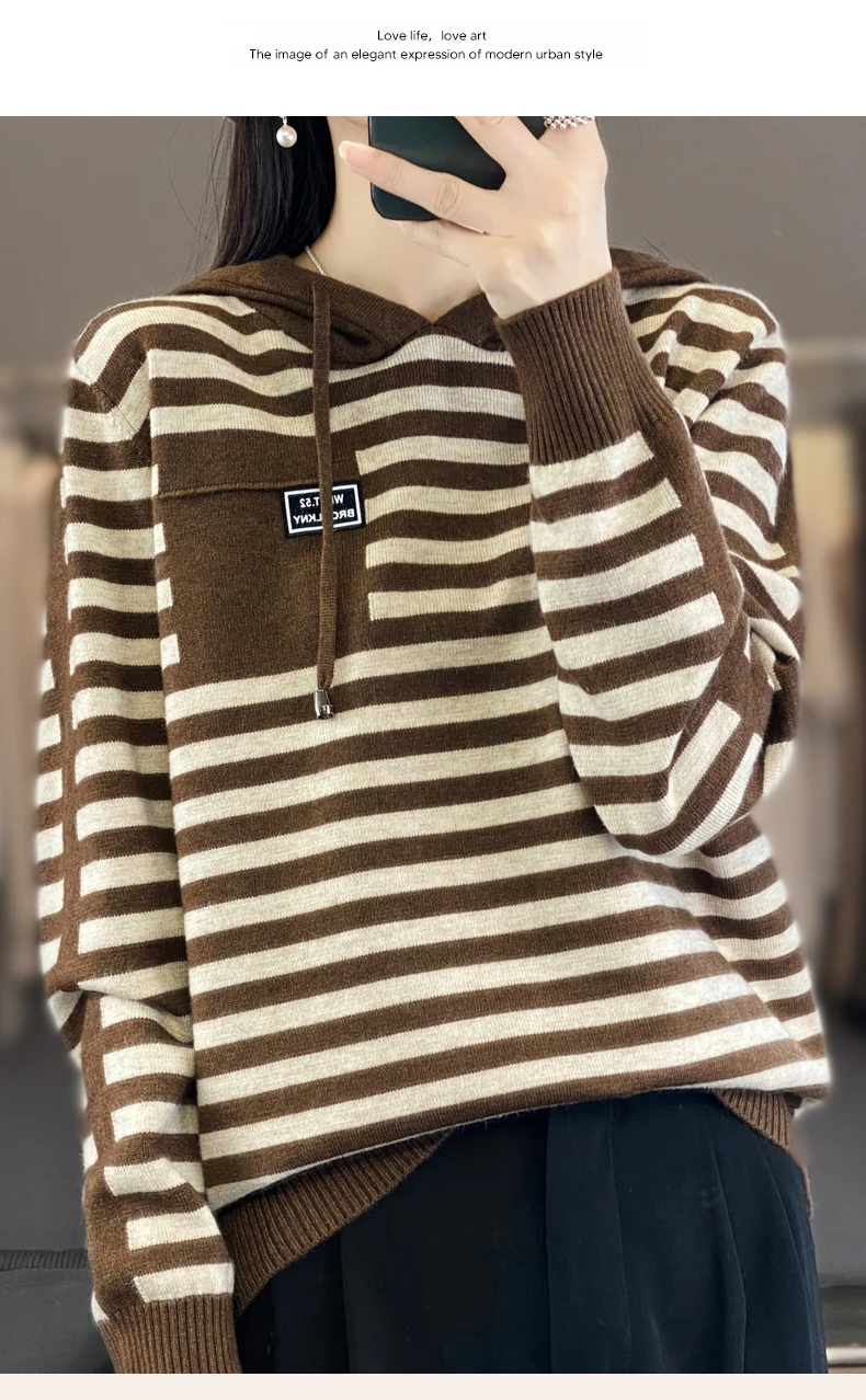 Winter Pure Wool Fashion Soft Sweater Autumn Female New Women Hooded Collar Strip Pullover Cashmere Loose Casual Knit Base Top