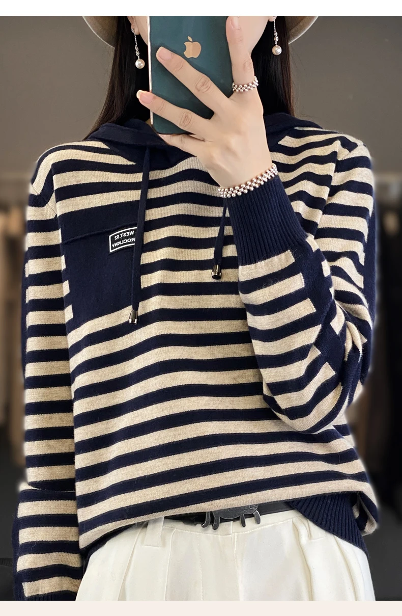 Winter Pure Wool Fashion Soft Sweater Autumn Female New Women Hooded Collar Strip Pullover Cashmere Loose Casual Knit Base Top