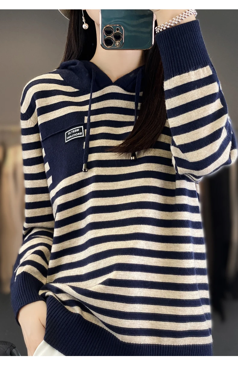 Winter Pure Wool Fashion Soft Sweater Autumn Female New Women Hooded Collar Strip Pullover Cashmere Loose Casual Knit Base Top