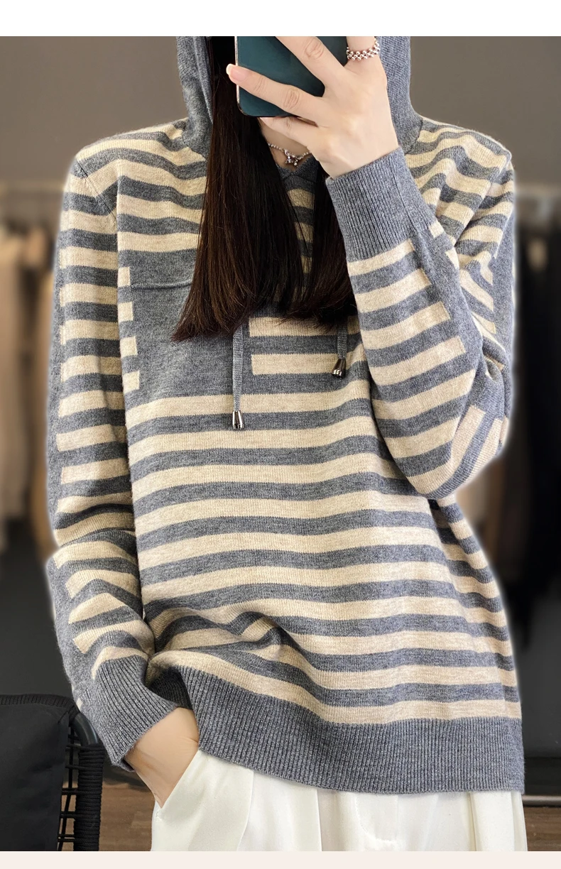 Winter Pure Wool Fashion Soft Sweater Autumn Female New Women Hooded Collar Strip Pullover Cashmere Loose Casual Knit Base Top