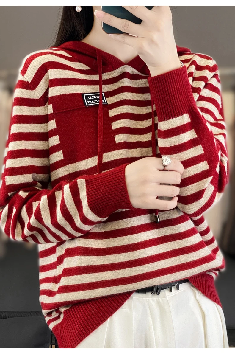 Winter Pure Wool Fashion Soft Sweater Autumn Female New Women Hooded Collar Strip Pullover Cashmere Loose Casual Knit Base Top