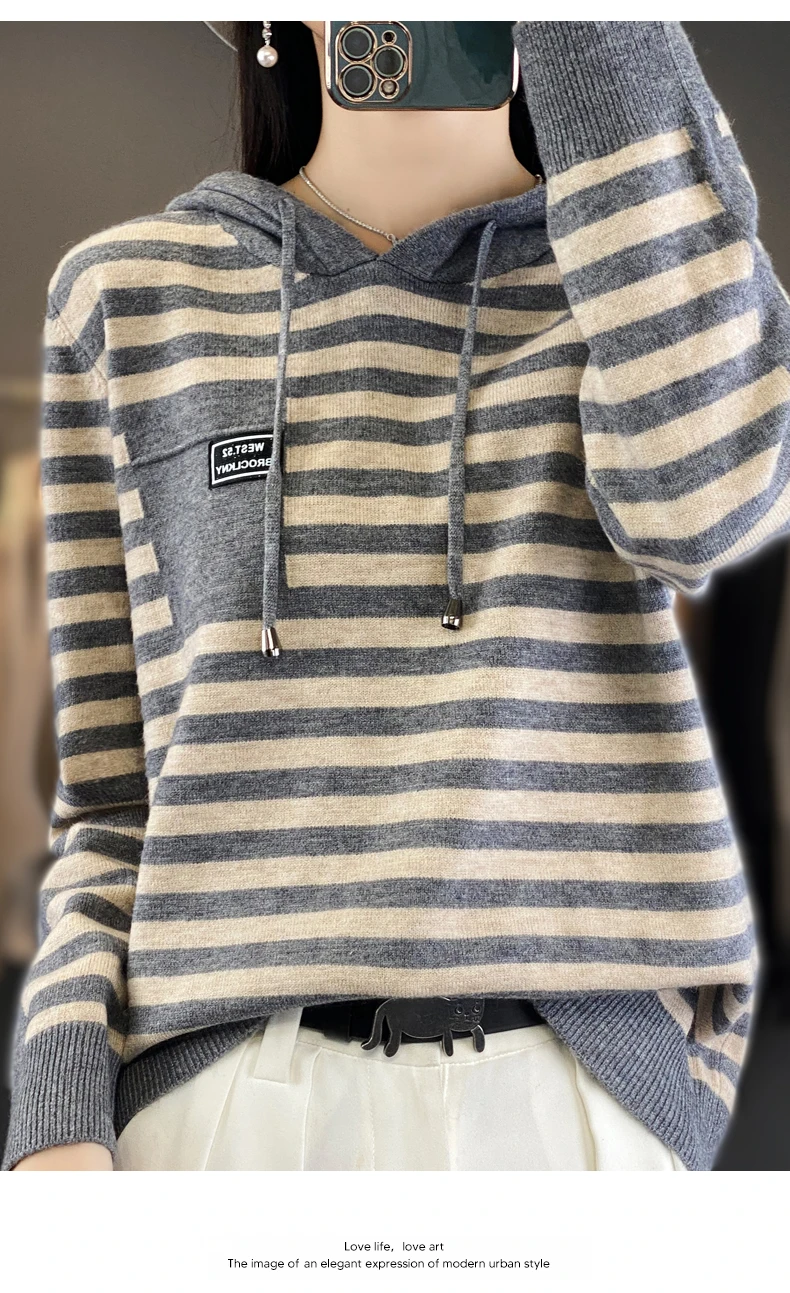 Winter Pure Wool Fashion Soft Sweater Autumn Female New Women Hooded Collar Strip Pullover Cashmere Loose Casual Knit Base Top