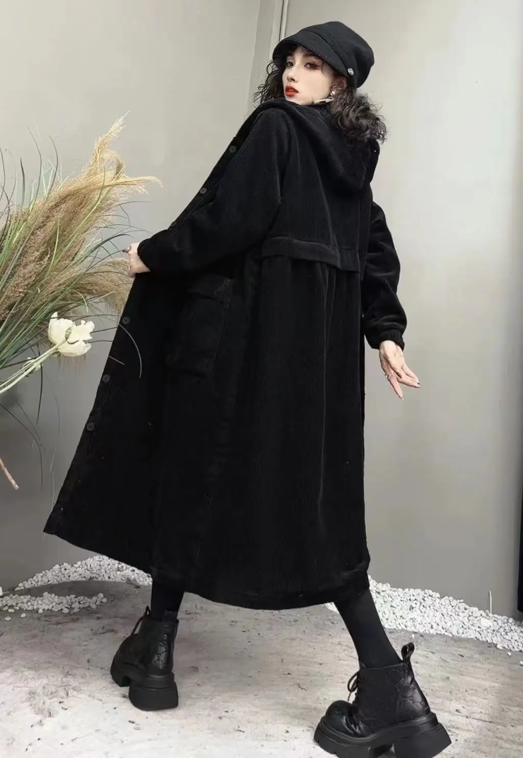 2026 Autumn and Winter Thick Coat Fashion Large Brown Windbreaker Big Pocket Women's Loose Versatile Corduroy Hooded Coat 6XL