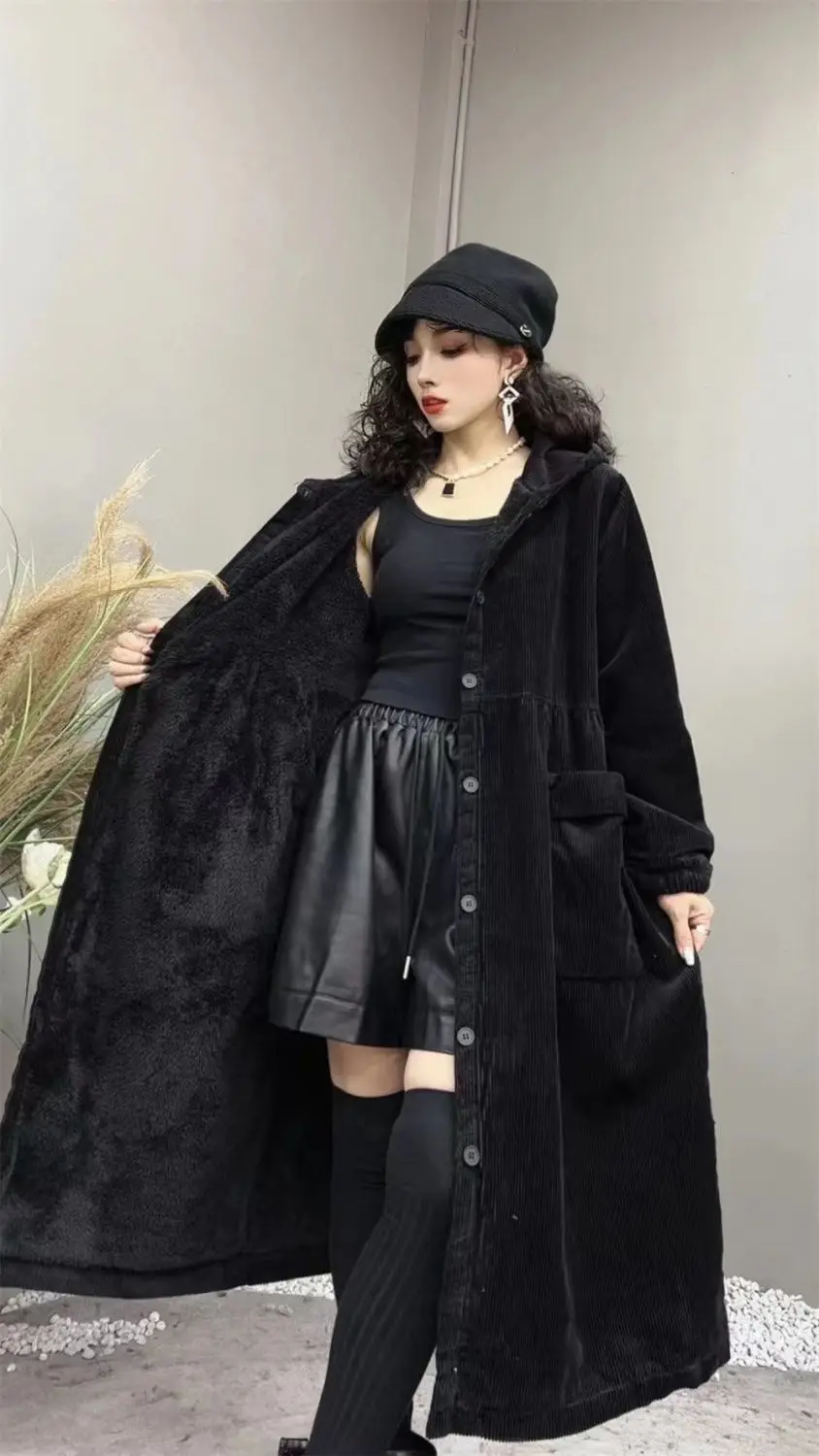 2026 Autumn and Winter Thick Coat Fashion Large Brown Windbreaker Big Pocket Women's Loose Versatile Corduroy Hooded Coat 6XL