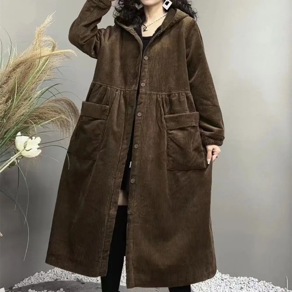 2026 Autumn and Winter Thick Coat Fashion Large Brown Windbreaker Big Pocket Women's Loose Versatile Corduroy Hooded Coat 6XL