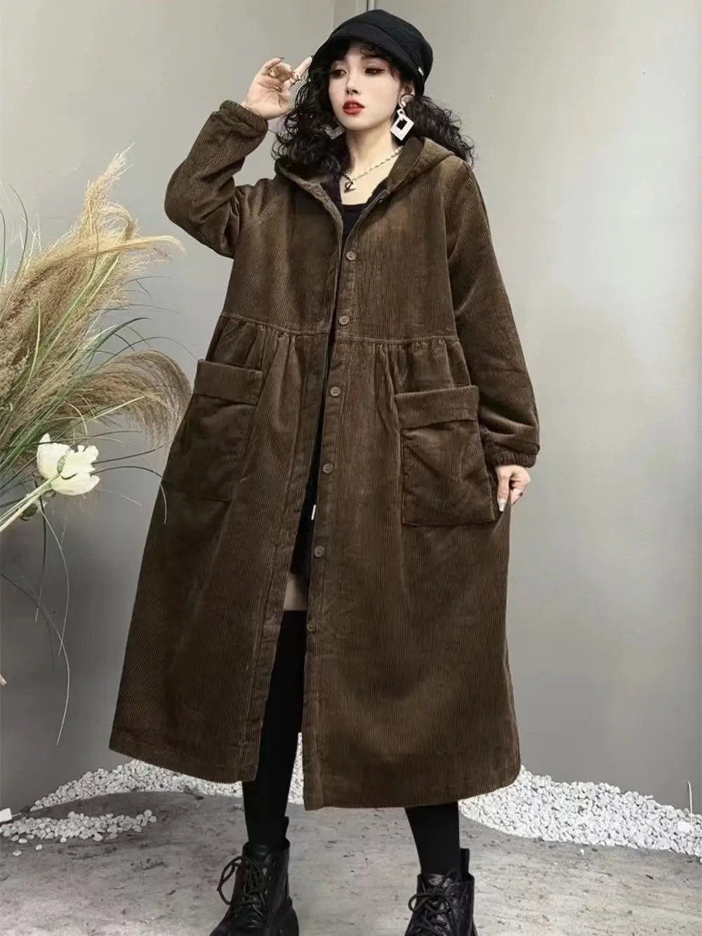 2026 Autumn and Winter Thick Coat Fashion Large Brown Windbreaker Big Pocket Women's Loose Versatile Corduroy Hooded Coat 6XL