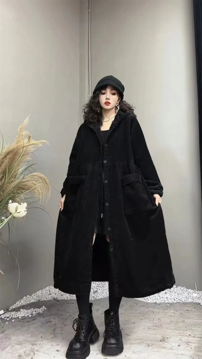 2026 Autumn and Winter Thick Coat Fashion Large Brown Windbreaker Big Pocket Women's Loose Versatile Corduroy Hooded Coat 6XL