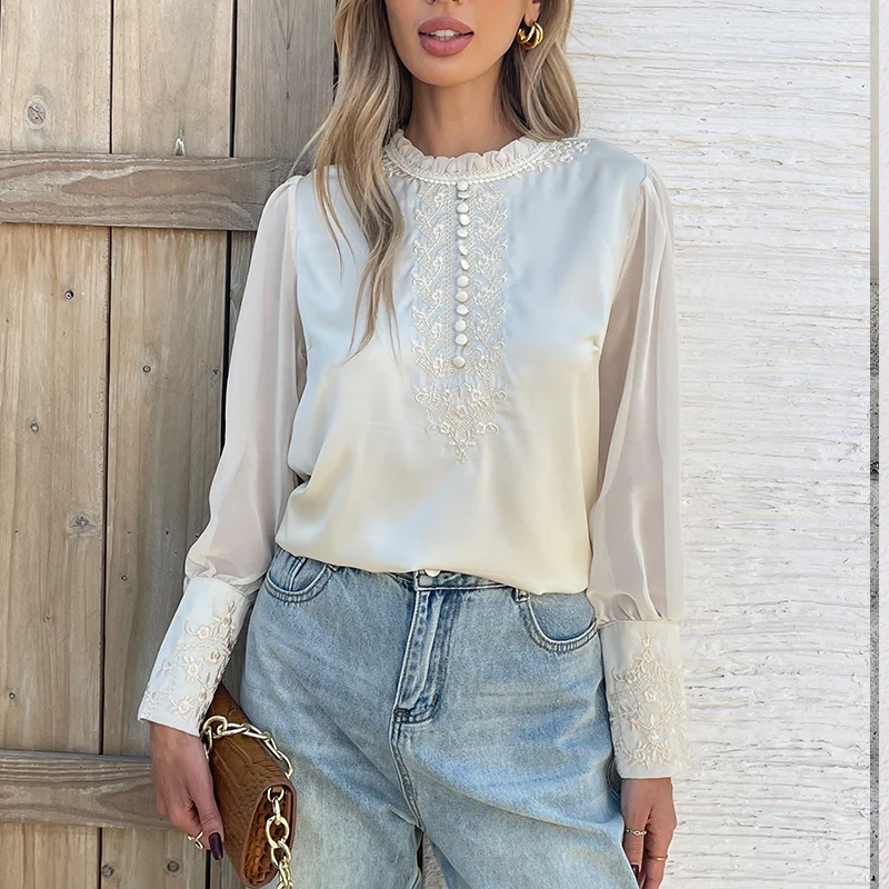 New Spring embroidery shirts for ladies Fashion chiffon sleeve Women's blouses blusa mujer