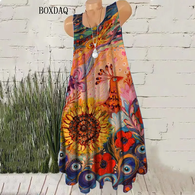 Gradient Women Vintage Short Dresses Sleeveless Summer 3D Tie-dye Street Style Female Dress Loose Casual O-Neck Mini Dress