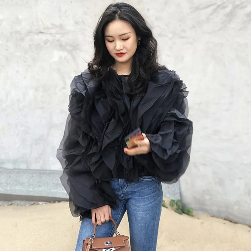 TWOTWINSTYLE Ruffles Shirts For Women O Neck Lantern Sleeve Loose Pullover Summer Blouse Female Fashion Style Clothing 2023 New