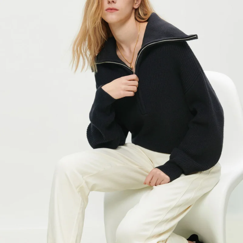 Winter Women's Sweater Long Sleeve Knitted Sweaters Oversize Turtleneck Zippers Loose Solid Turn-down Collar Pullover for Women