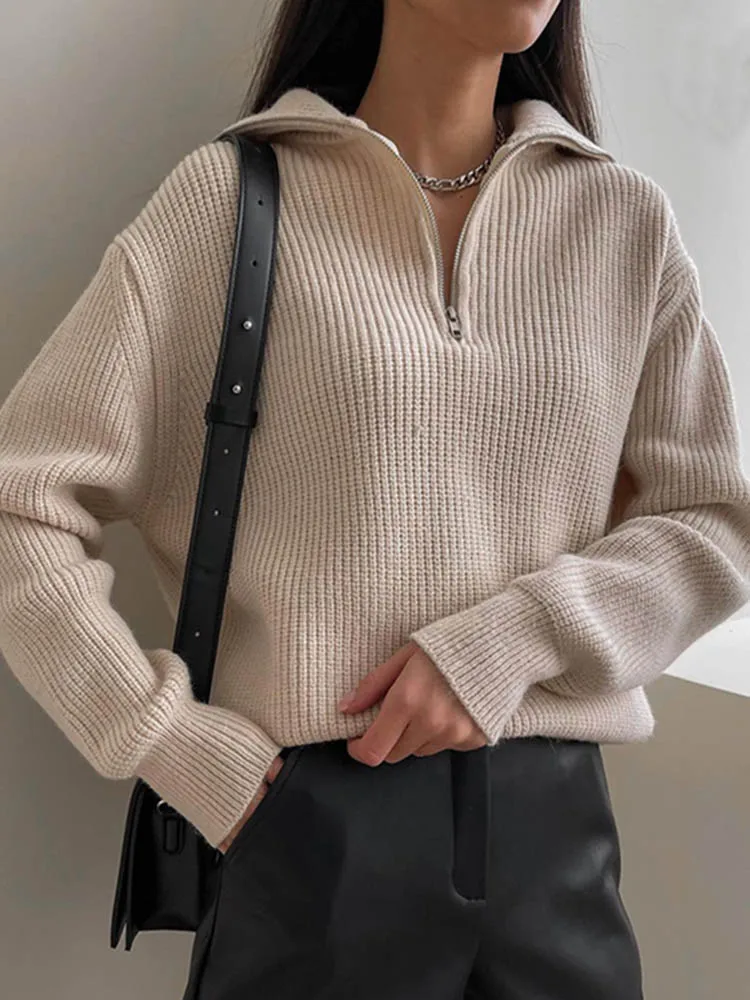 Winter Women's Sweater Long Sleeve Knitted Sweaters Oversize Turtleneck Zippers Loose Solid Turn-down Collar Pullover for Women