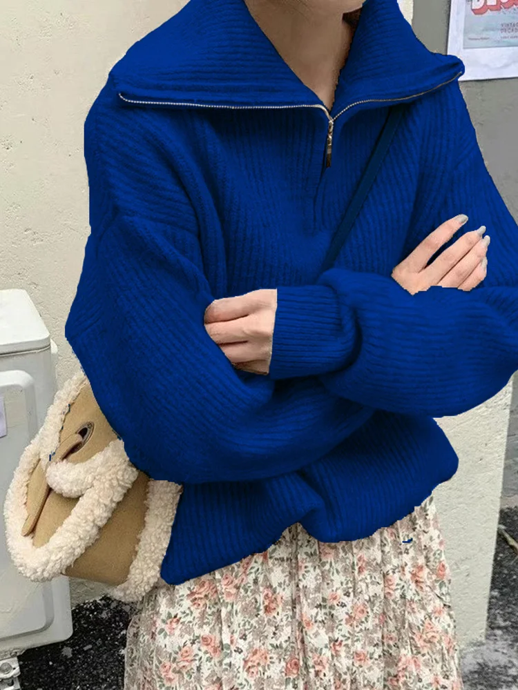 Winter Women's Sweater Long Sleeve Knitted Sweaters Oversize Turtleneck Zippers Loose Solid Turn-down Collar Pullover for Women