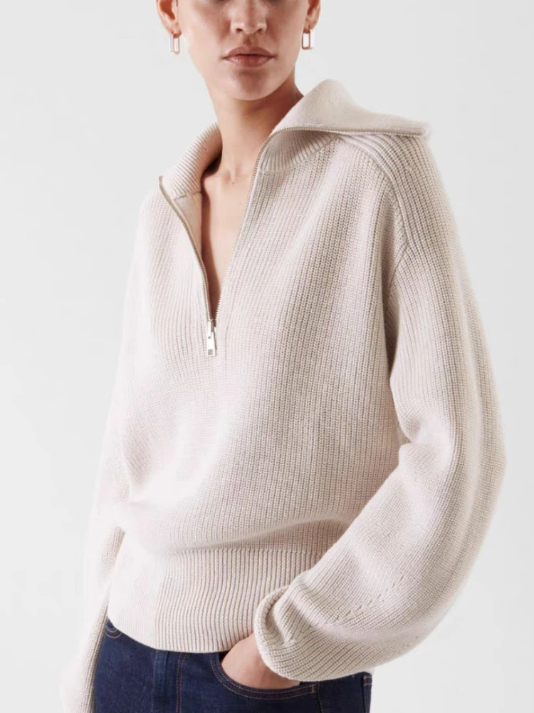 Winter Women's Sweater Long Sleeve Knitted Sweaters Oversize Turtleneck Zippers Loose Solid Turn-down Collar Pullover for Women