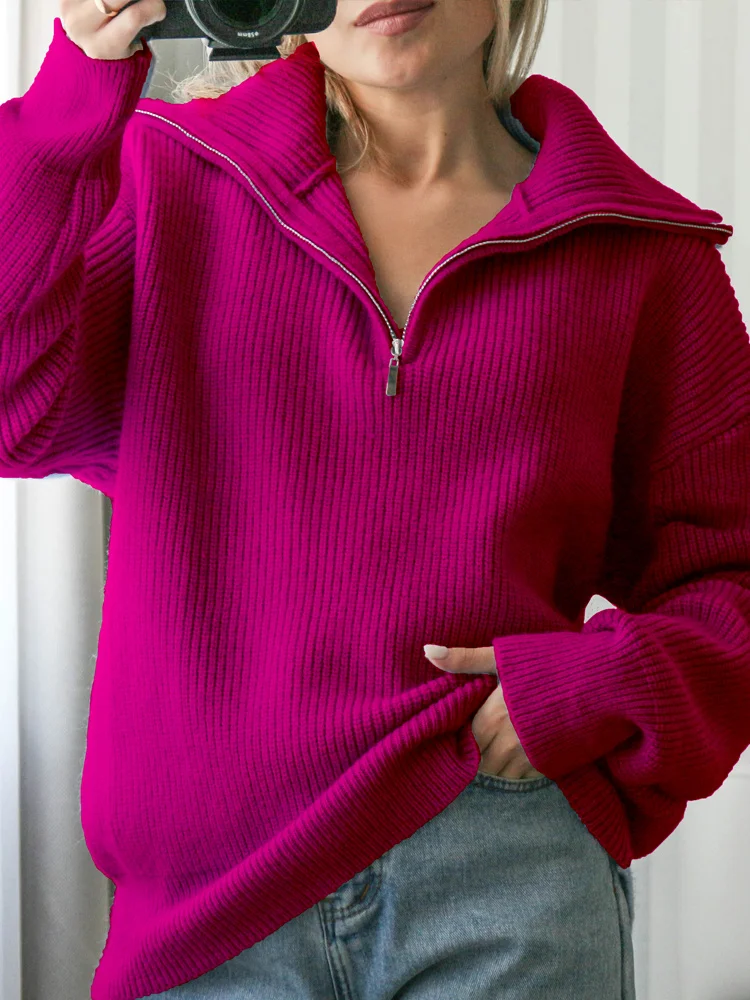 Winter Women's Sweater Long Sleeve Knitted Sweaters Oversize Turtleneck Zippers Loose Solid Turn-down Collar Pullover for Women