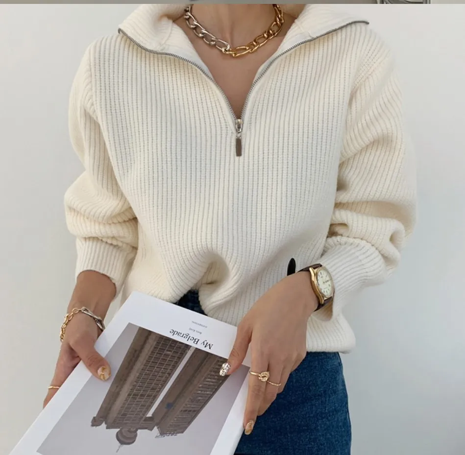 Winter Women's Sweater Long Sleeve Knitted Sweaters Oversize Turtleneck Zippers Loose Solid Turn-down Collar Pullover for Women