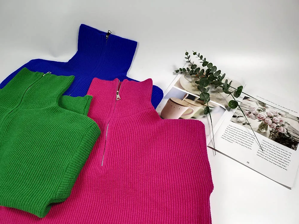 Winter Women's Sweater Long Sleeve Knitted Sweaters Oversize Turtleneck Zippers Loose Solid Turn-down Collar Pullover for Women