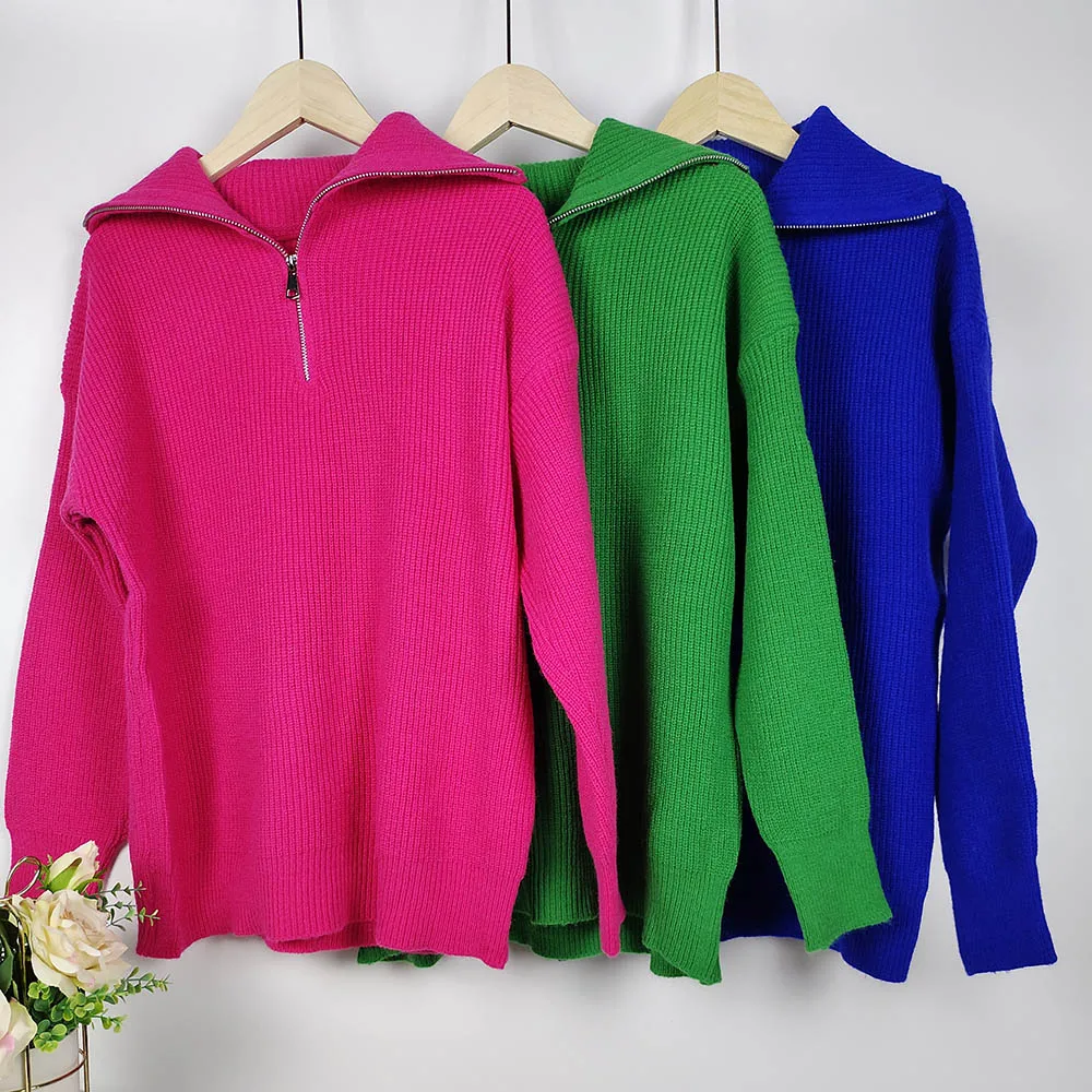 Winter Women's Sweater Long Sleeve Knitted Sweaters Oversize Turtleneck Zippers Loose Solid Turn-down Collar Pullover for Women