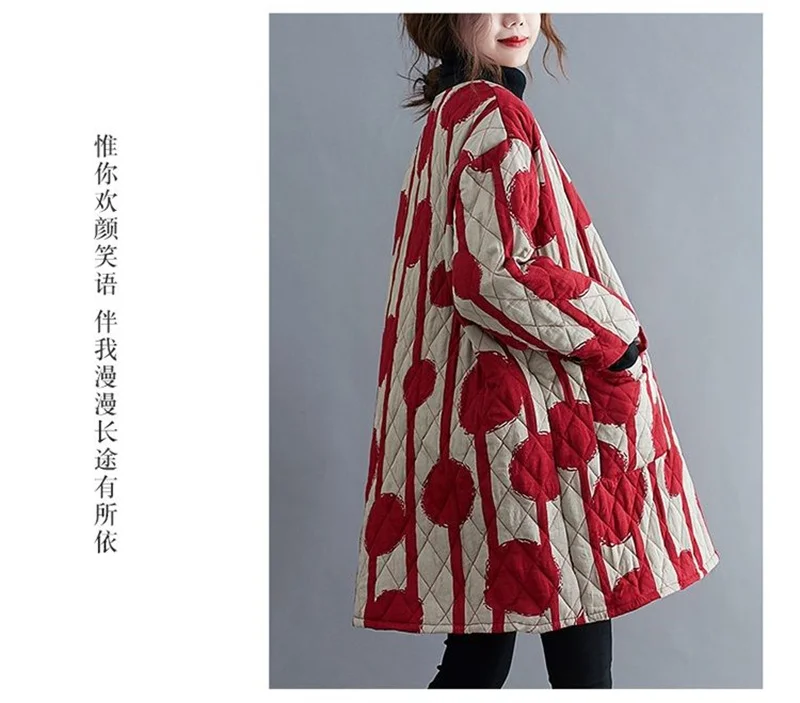 Ethnic Style Cotton Coat for Women in 2023 Winter New Loose Westernized Light Thin Cotton Jacket Artistic Retro Mid Length Coat