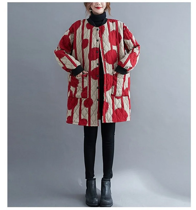 Ethnic Style Cotton Coat for Women in 2023 Winter New Loose Westernized Light Thin Cotton Jacket Artistic Retro Mid Length Coat
