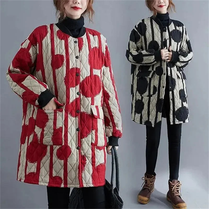 Ethnic Style Cotton Coat for Women in 2023 Winter New Loose Westernized Light Thin Cotton Jacket Artistic Retro Mid Length Coat