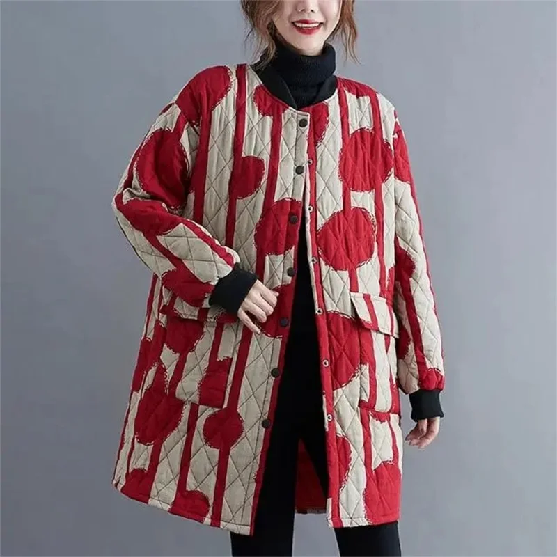 Ethnic Style Cotton Coat for Women in 2023 Winter New Loose Westernized Light Thin Cotton Jacket Artistic Retro Mid Length Coat