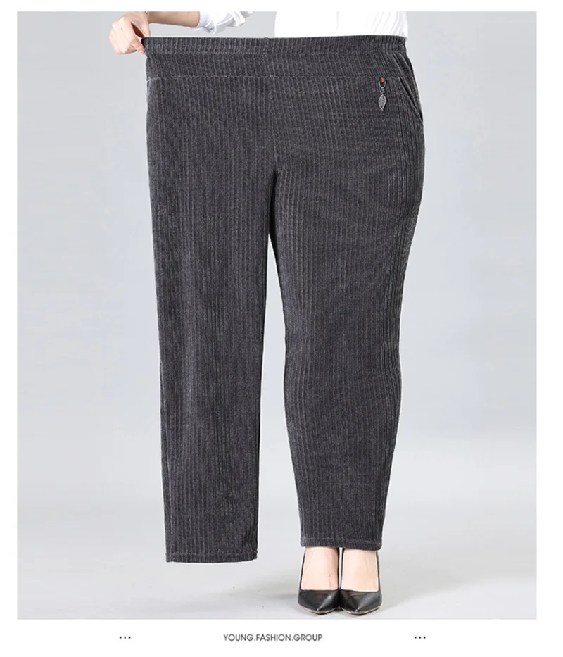 Oversize XL-8XL Corduroy Pants Middle-age Women Fleece Thicken Straight Pants Loose Warm Casual Trousers Mother Autumn Winter
