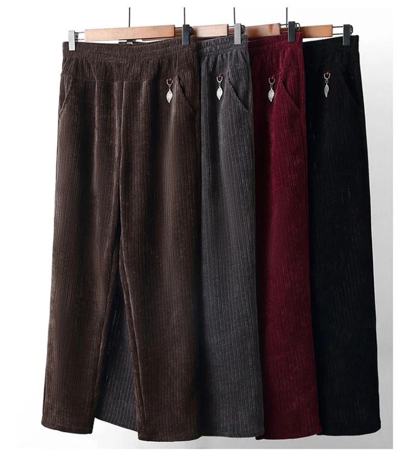 Oversize XL-8XL Corduroy Pants Middle-age Women Fleece Thicken Straight Pants Loose Warm Casual Trousers Mother Autumn Winter