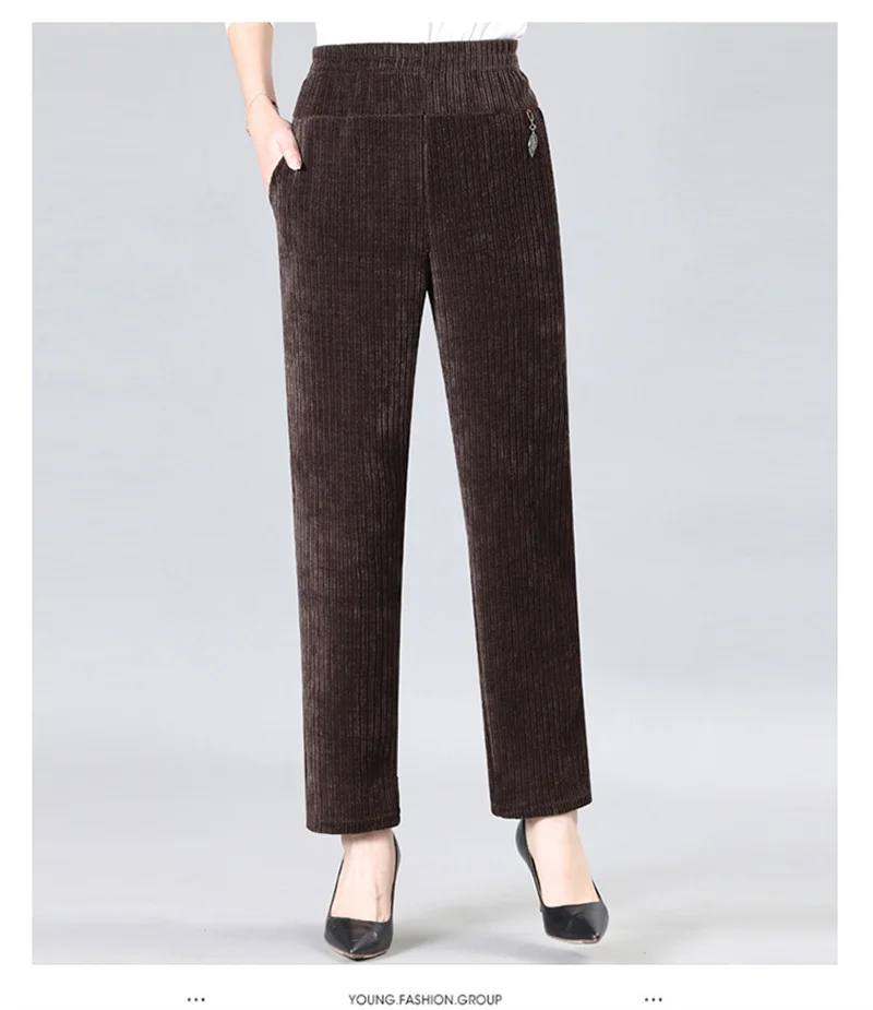 Oversize XL-8XL Corduroy Pants Middle-age Women Fleece Thicken Straight Pants Loose Warm Casual Trousers Mother Autumn Winter