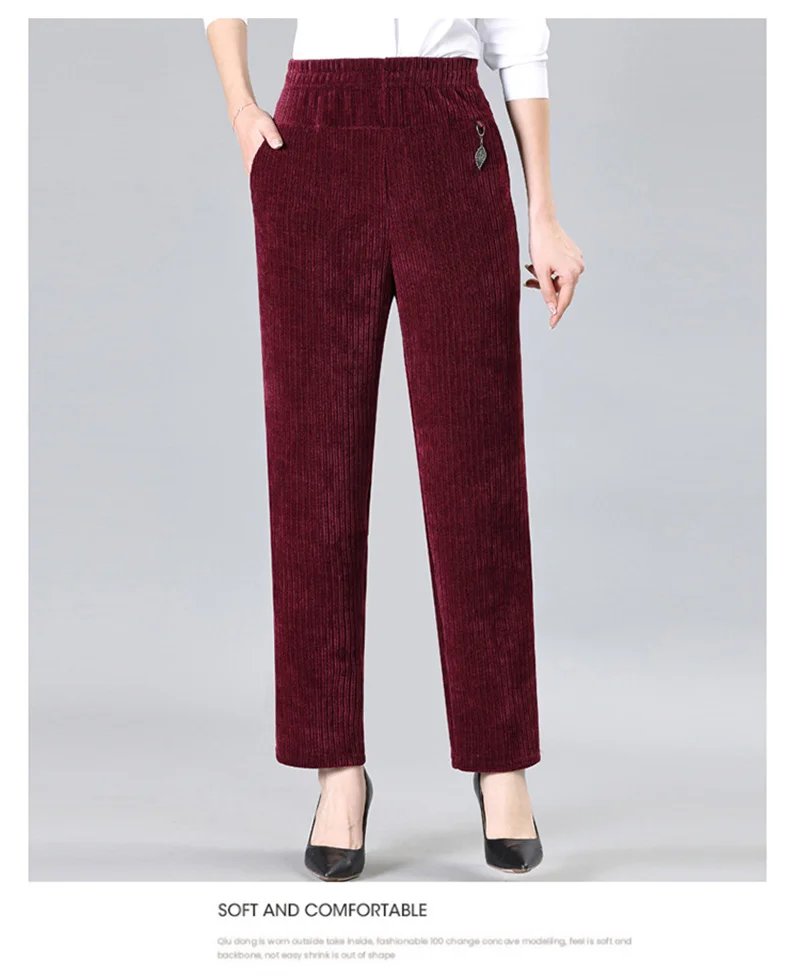 Oversize XL-8XL Corduroy Pants Middle-age Women Fleece Thicken Straight Pants Loose Warm Casual Trousers Mother Autumn Winter