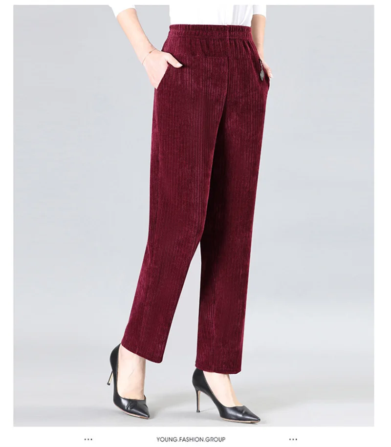 Oversize XL-8XL Corduroy Pants Middle-age Women Fleece Thicken Straight Pants Loose Warm Casual Trousers Mother Autumn Winter