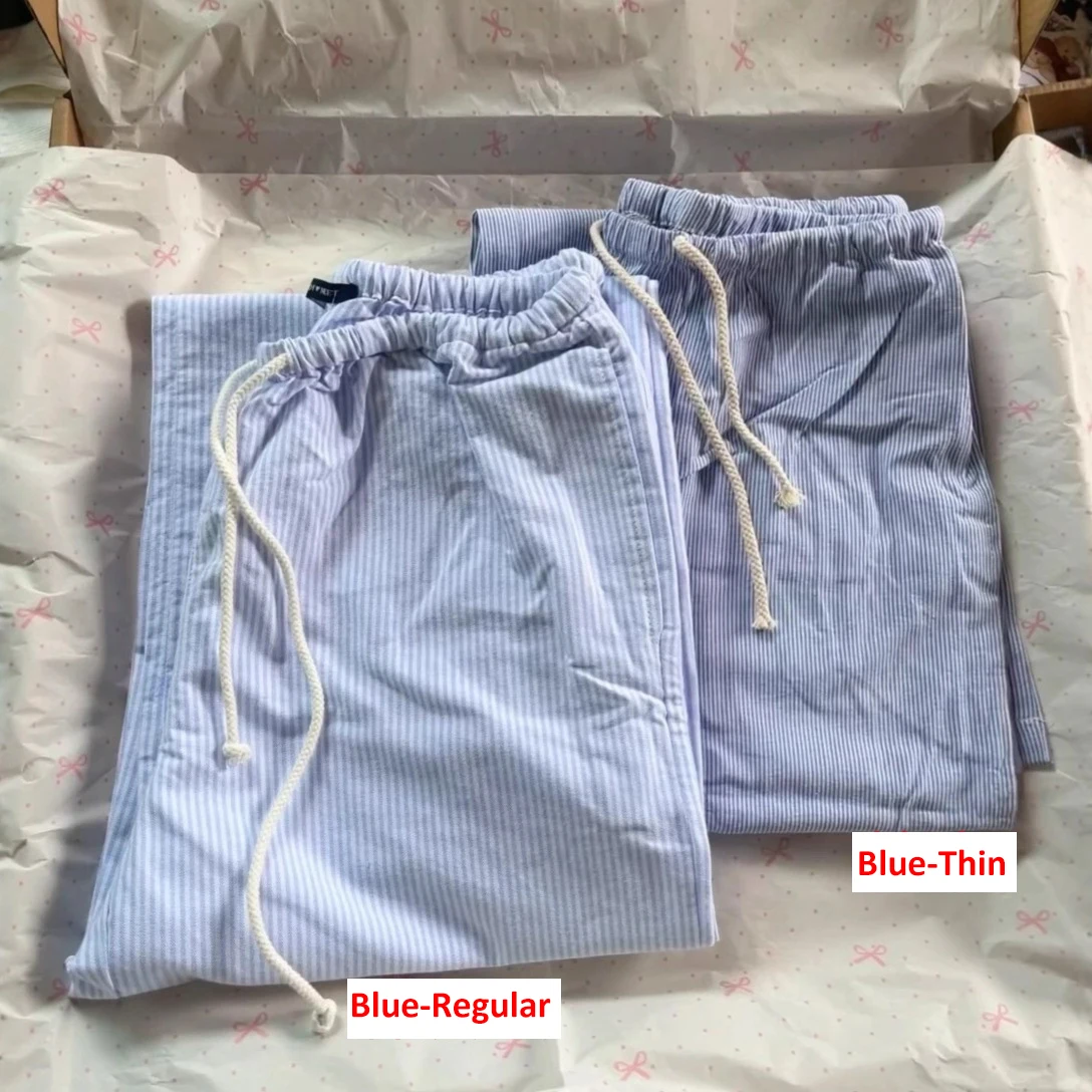 Blue Stripes Drawstring Long Pant Autumn High Waist Casual Loose Trouser Woman Streetwear Preppy Style Sweet Cute Straight Pants