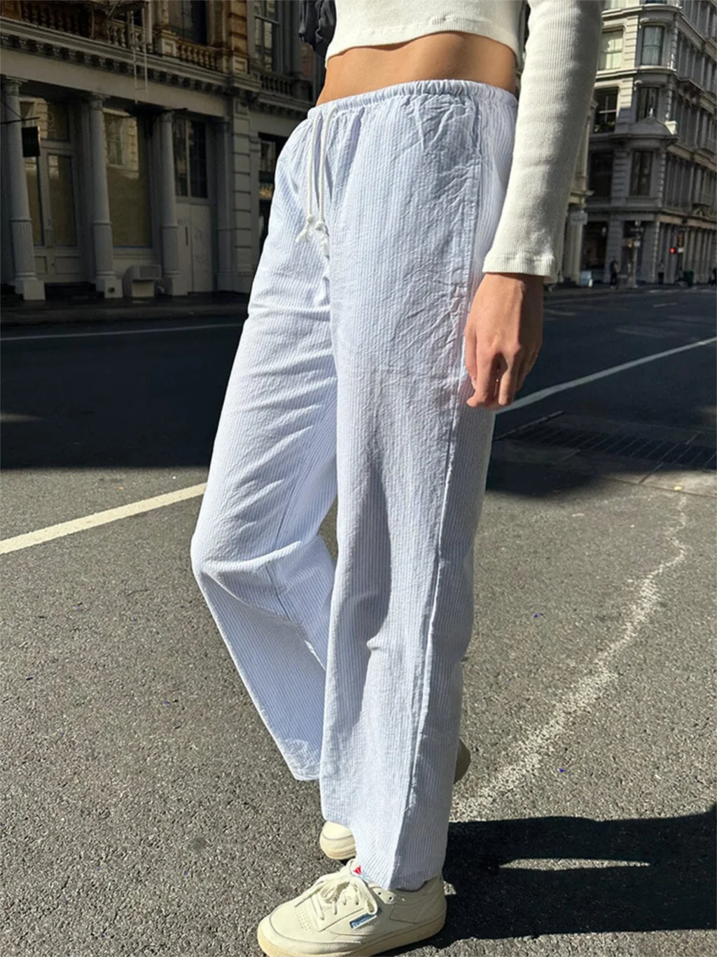 Blue Stripes Drawstring Long Pant Autumn High Waist Casual Loose Trouser Woman Streetwear Preppy Style Sweet Cute Straight Pants
