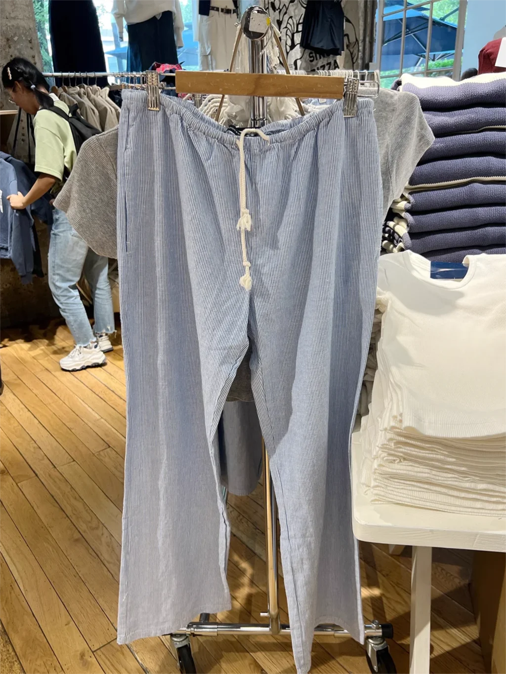 Blue Stripes Drawstring Long Pant Autumn High Waist Casual Loose Trouser Woman Streetwear Preppy Style Sweet Cute Straight Pants