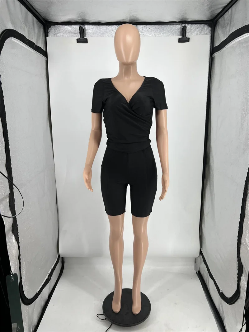 Black Red 2 Piece Set Women Outfit Party Night Club Ruched Stretchy V-neck Short Sleeve Top and Shorts New in Matching Sets