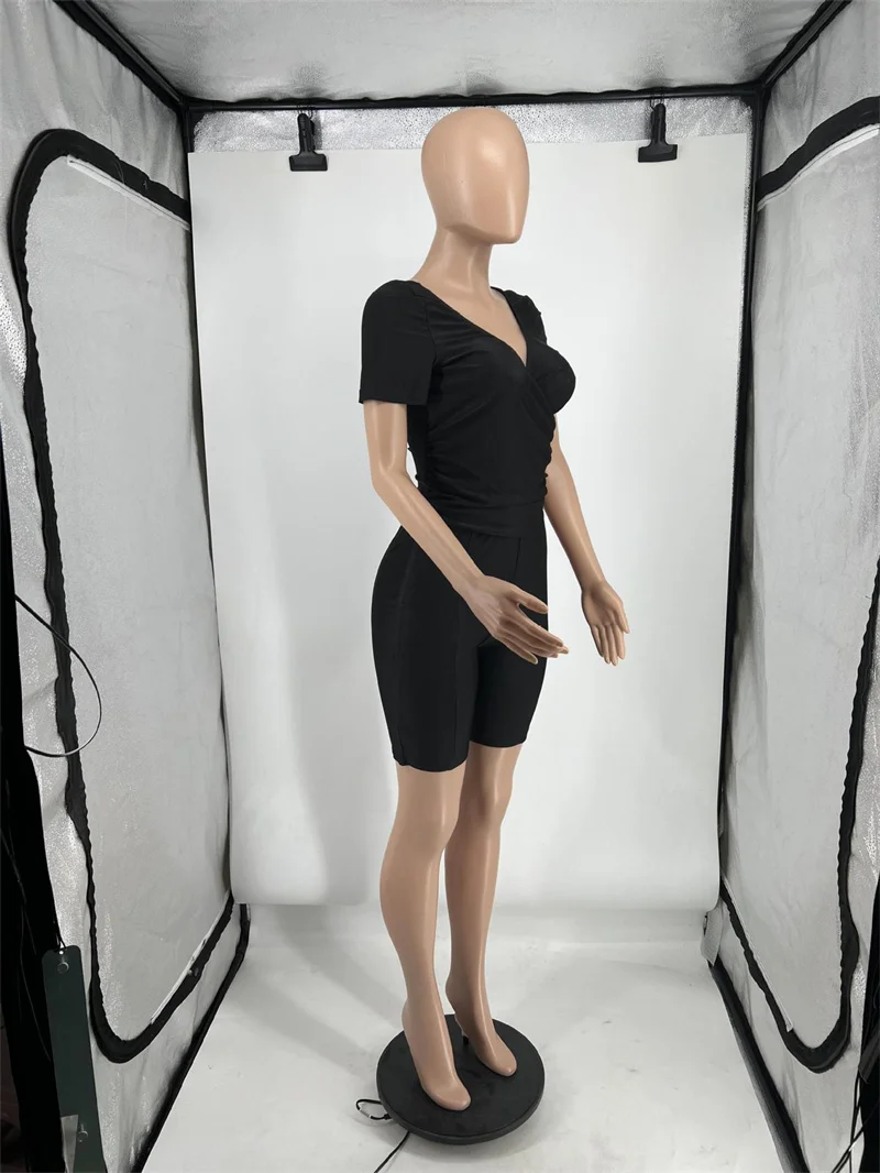 Black Red 2 Piece Set Women Outfit Party Night Club Ruched Stretchy V-neck Short Sleeve Top and Shorts New in Matching Sets