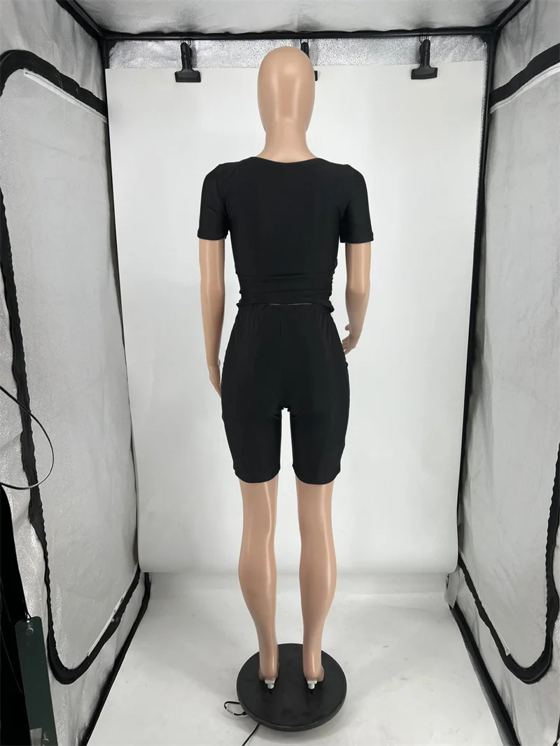 Black Red 2 Piece Set Women Outfit Party Night Club Ruched Stretchy V-neck Short Sleeve Top and Shorts New in Matching Sets