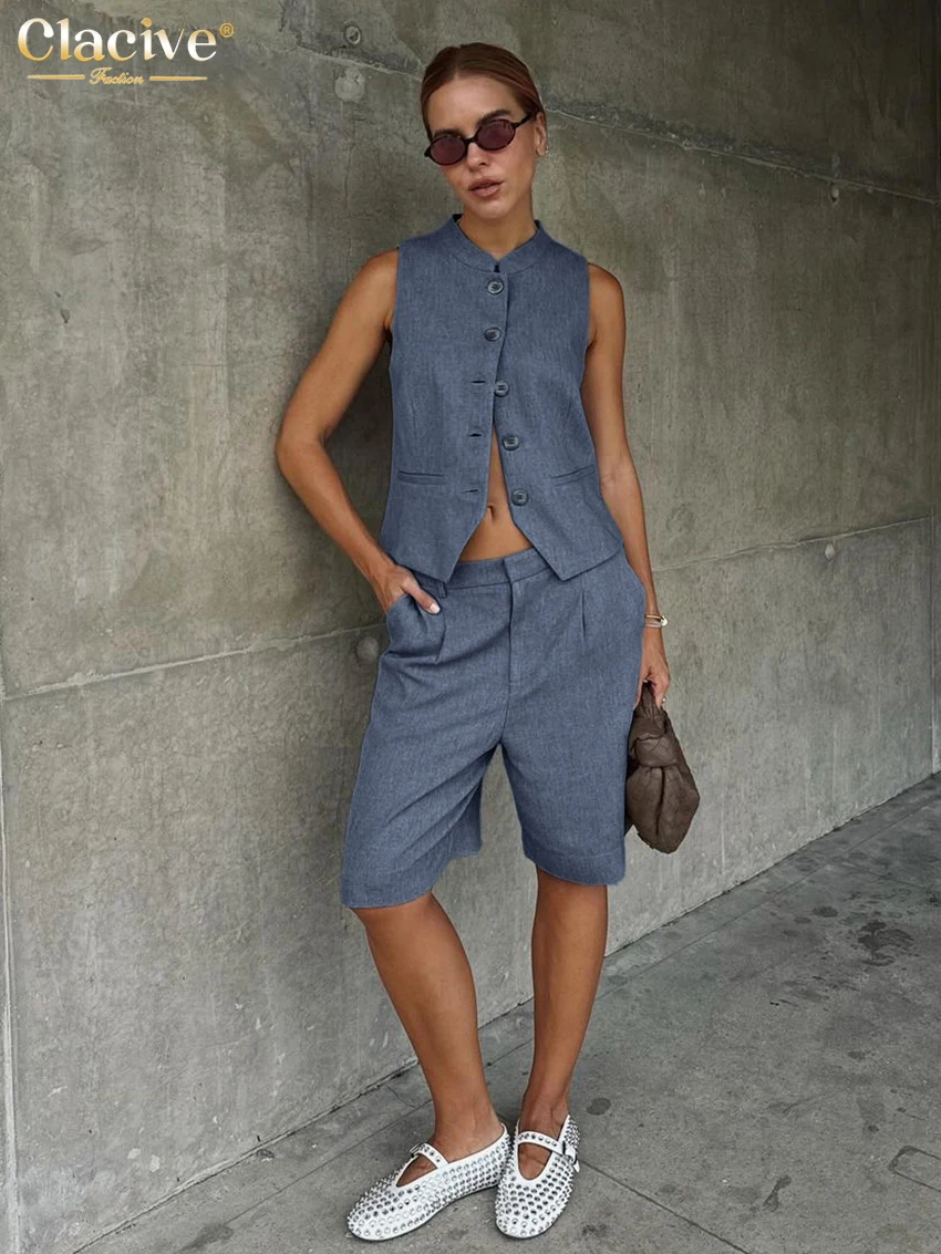 Clacive Summer Slim Blue Office 2 Piece Sets Women Outfit 2024 Elegant Sleeveless Tank Top With Low Waist Shorts Set Female