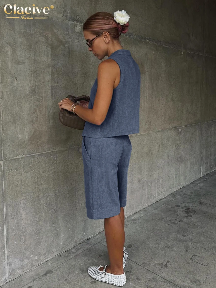 Clacive Summer Slim Blue Office 2 Piece Sets Women Outfit 2024 Elegant Sleeveless Tank Top With Low Waist Shorts Set Female