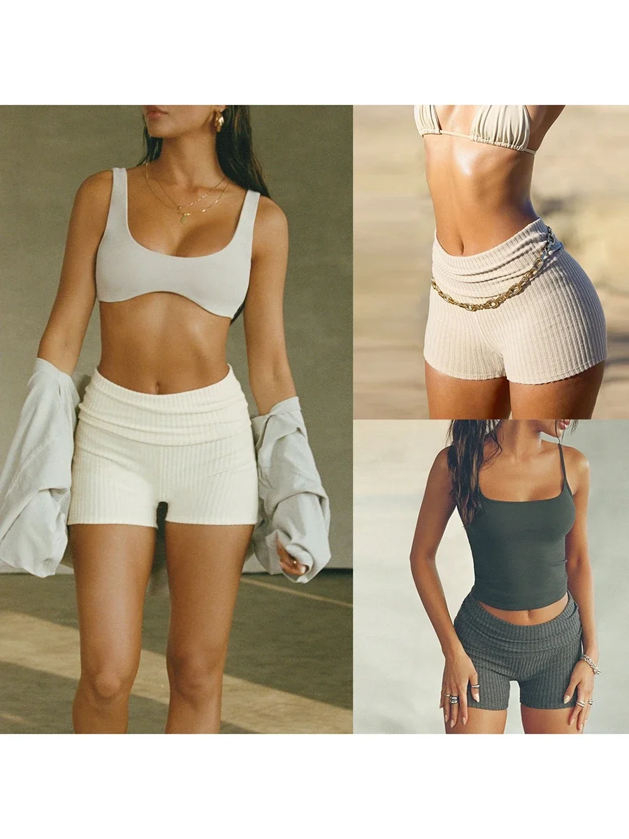 Women Slim Knit Shorts Summer Solid Color High Waist Ribbed Fold Over Waist Short Pants for Yoga Sports Shorts Fitness Shorts